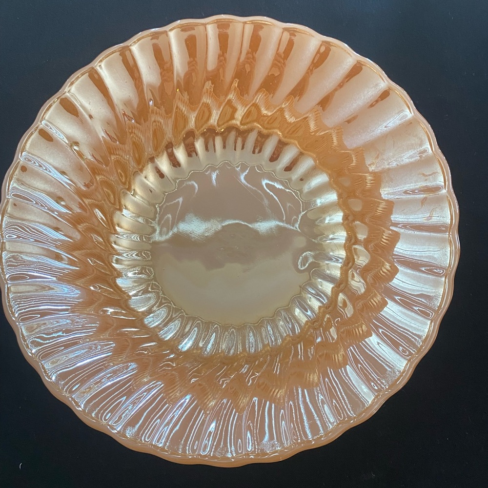 Fire King Serving Bowl Iridescent Peach Swirl Pattern 8 1/2D 2.5inH